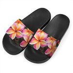 Pink And Yellow Plumeria Flower Print Black Slide Sandals