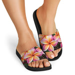 Pink And Yellow Plumeria Flower Print Black Slide Sandals