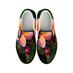 Pink And Yellow Plumeria Flower Print Black Slip On Shoes