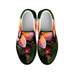 Pink And Yellow Plumeria Flower Print Black Slip On Shoes