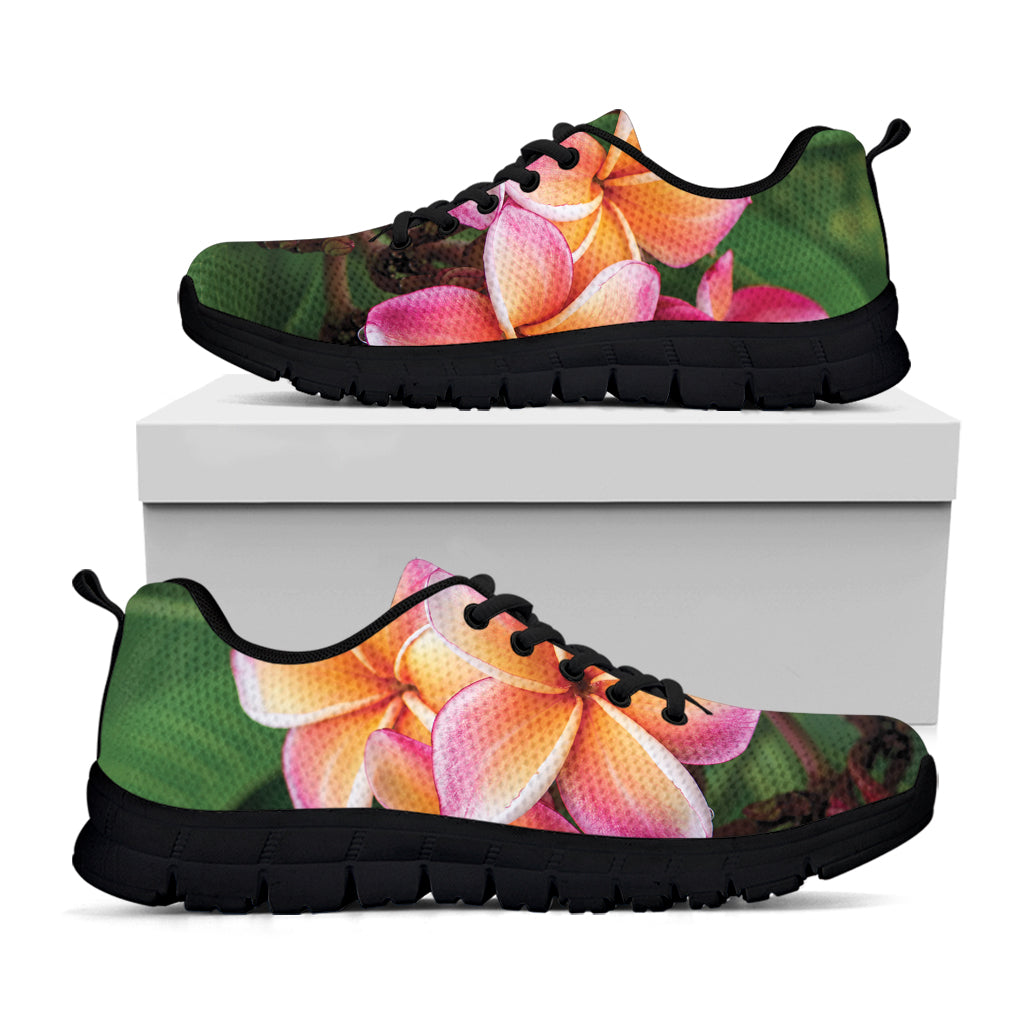 Pink And Yellow Plumeria Flower Print Black Sneakers