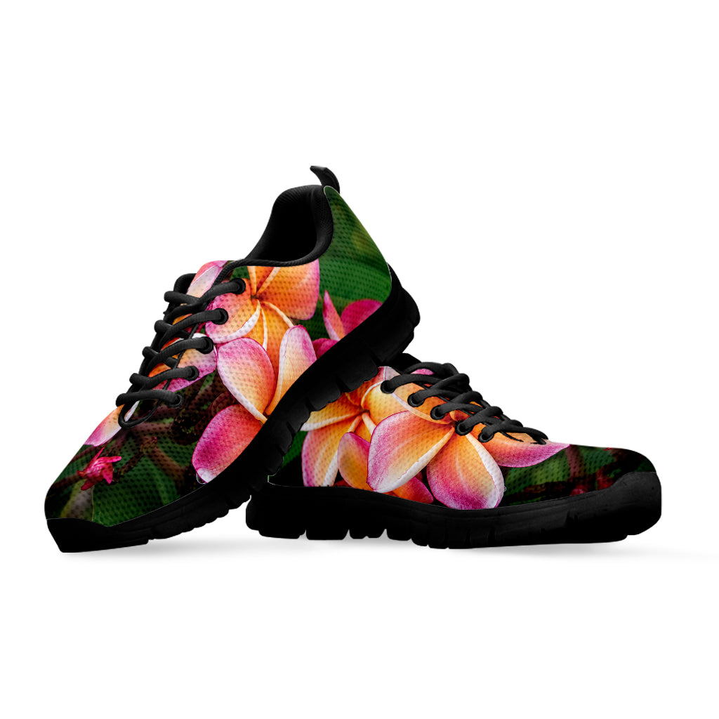 Pink And Yellow Plumeria Flower Print Black Sneakers