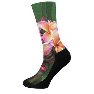 Pink And Yellow Plumeria Flower Print Crew Socks