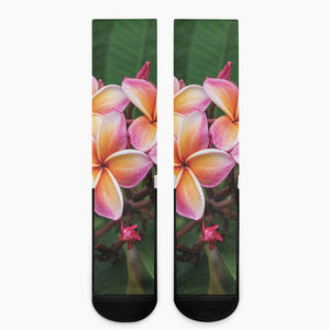 Pink And Yellow Plumeria Flower Print Crew Socks