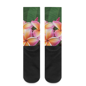 Pink And Yellow Plumeria Flower Print Crew Socks