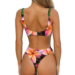 Pink And Yellow Plumeria Flower Print Front Bow Tie Bikini