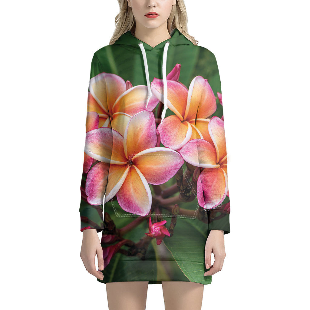 Pink And Yellow Plumeria Flower Print Hoodie Dress