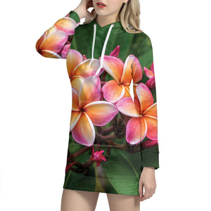 Pink And Yellow Plumeria Flower Print Hoodie Dress