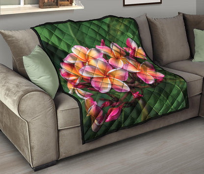 Pink And Yellow Plumeria Flower Print Quilt