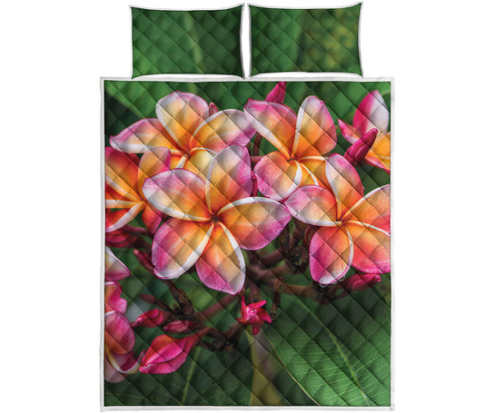 Pink And Yellow Plumeria Flower Print Quilt Bed Set