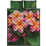 Pink And Yellow Plumeria Flower Print Quilt Bed Set