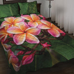 Pink And Yellow Plumeria Flower Print Quilt Bed Set