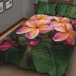 Pink And Yellow Plumeria Flower Print Quilt Bed Set