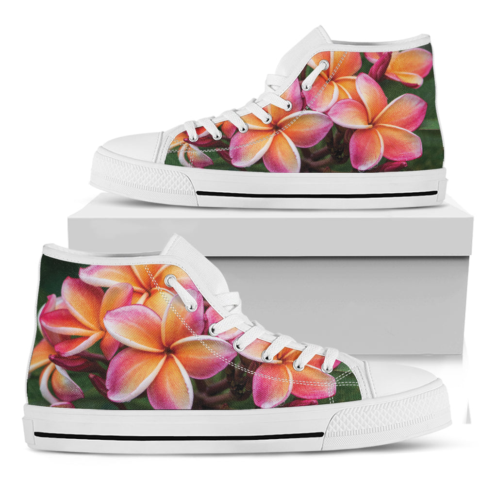 Pink And Yellow Plumeria Flower Print White High Top Shoes