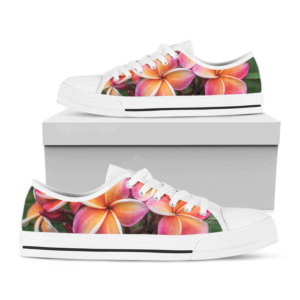 Pink And Yellow Plumeria Flower Print White Low Top Shoes