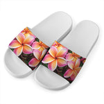 Pink And Yellow Plumeria Flower Print White Slide Sandals