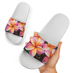 Pink And Yellow Plumeria Flower Print White Slide Sandals