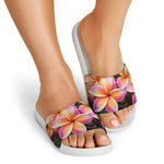 Pink And Yellow Plumeria Flower Print White Slide Sandals