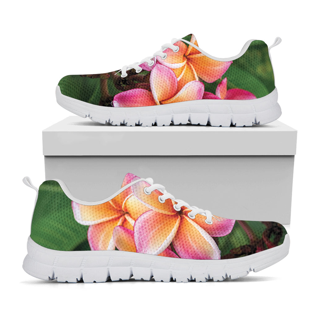 Pink And Yellow Plumeria Flower Print White Sneakers