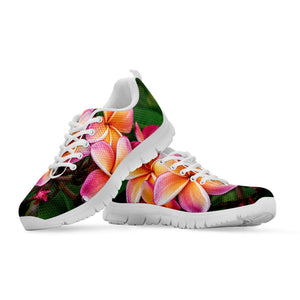 Pink And Yellow Plumeria Flower Print White Sneakers