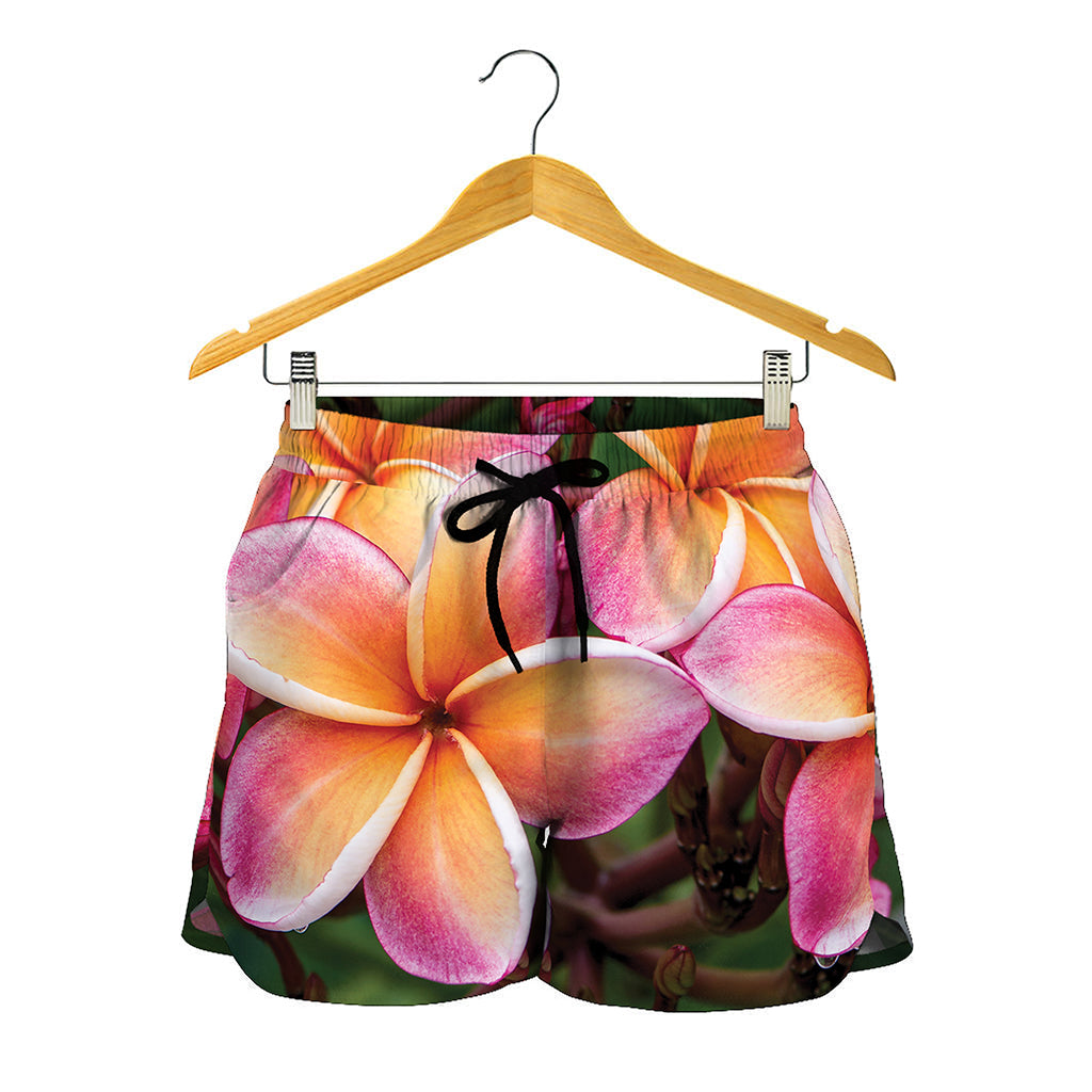 Pink And Yellow Plumeria Flower Print Women's Shorts