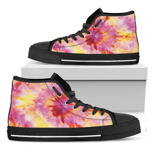 Pink And Yellow Tie Dye Print Black High Top Shoes
