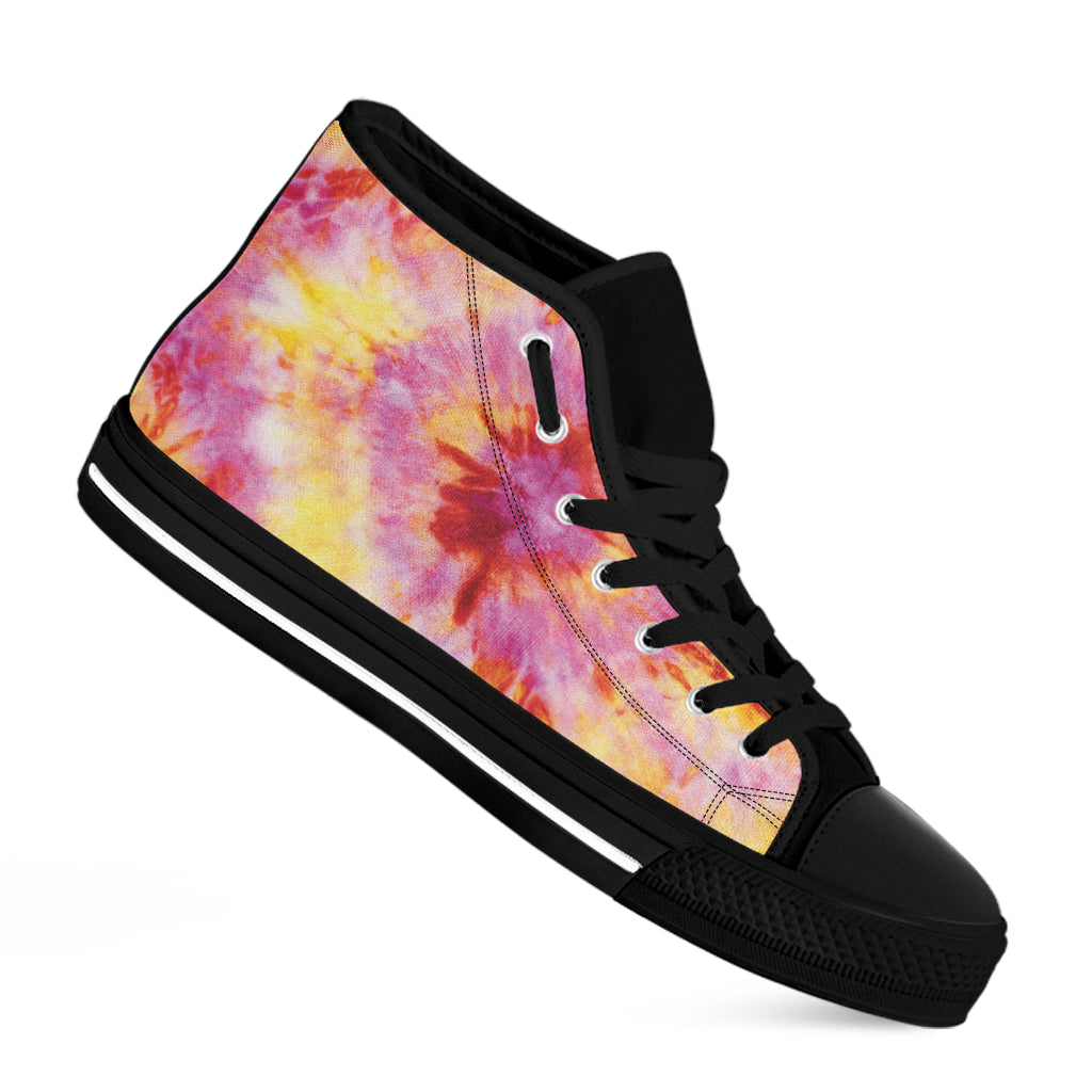 Pink And Yellow Tie Dye Print Black High Top Shoes