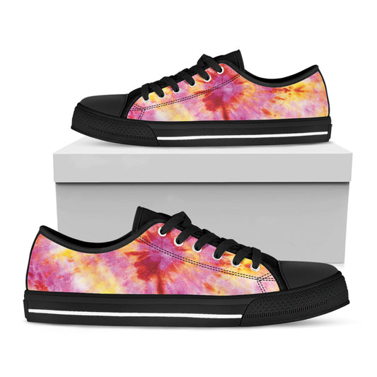Pink And Yellow Tie Dye Print Black Low Top Shoes 