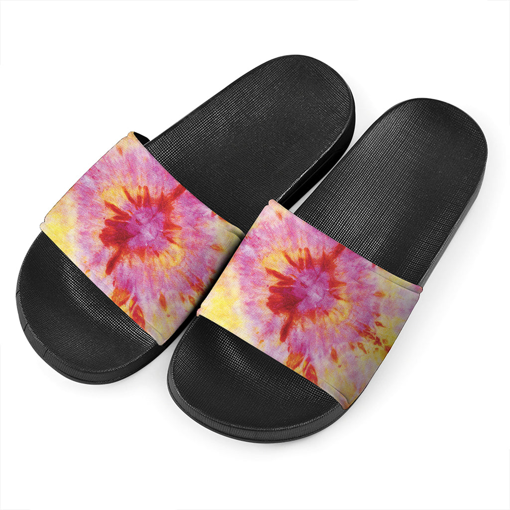 Pink And Yellow Tie Dye Print Black Slide Sandals