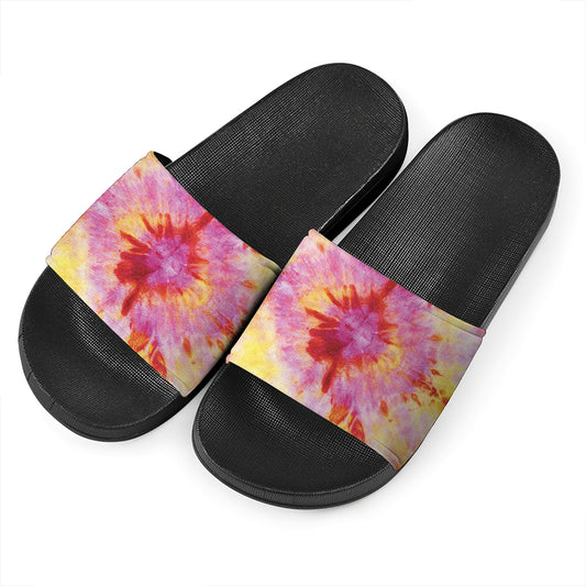 Pink And Yellow Tie Dye Print Black Slide Sandals
