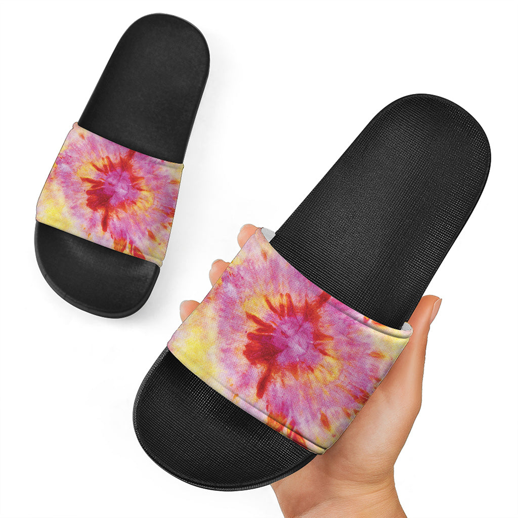 Pink And Yellow Tie Dye Print Black Slide Sandals