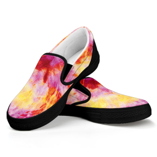 Pink And Yellow Tie Dye Print Black Slip On Shoes