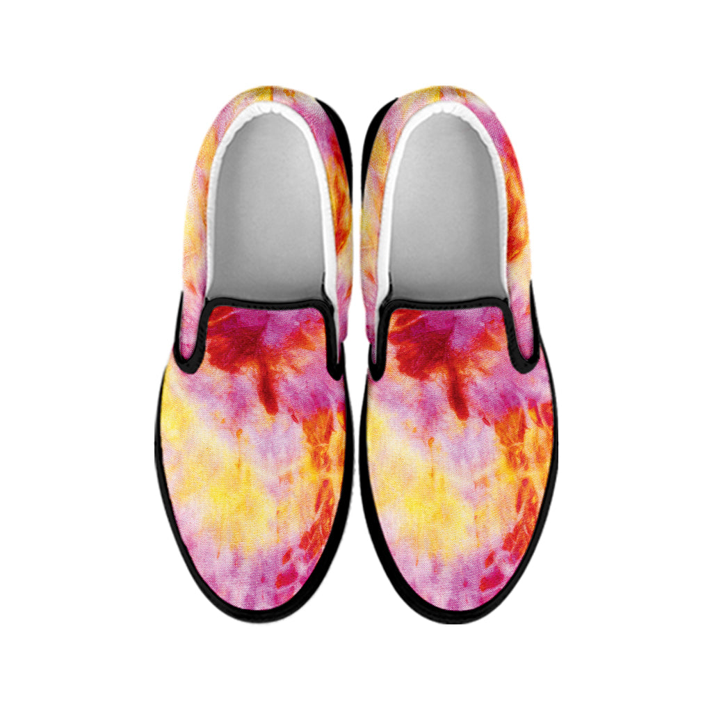 Pink And Yellow Tie Dye Print Black Slip On Shoes