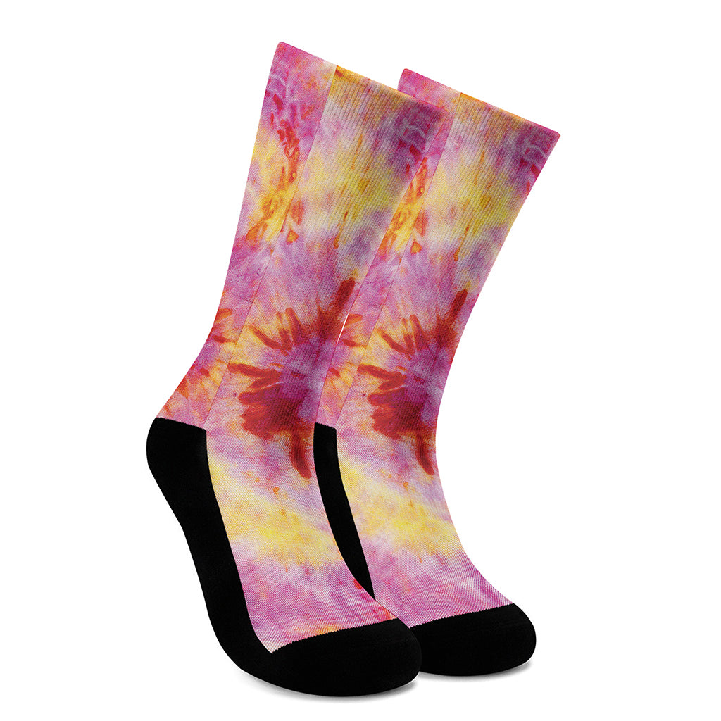 Pink And Yellow Tie Dye Print Crew Socks