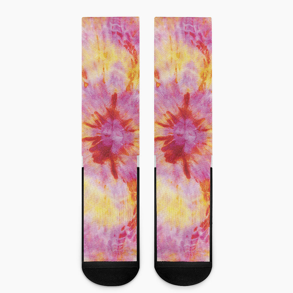 Pink And Yellow Tie Dye Print Crew Socks