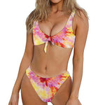 Pink And Yellow Tie Dye Print Front Bow Tie Bikini