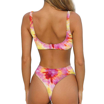 Pink And Yellow Tie Dye Print Front Bow Tie Bikini