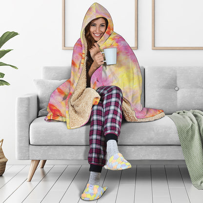 Pink And Yellow Tie Dye Print Hooded Blanket