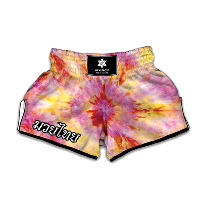 Pink And Yellow Tie Dye Print Muay Thai Boxing Shorts