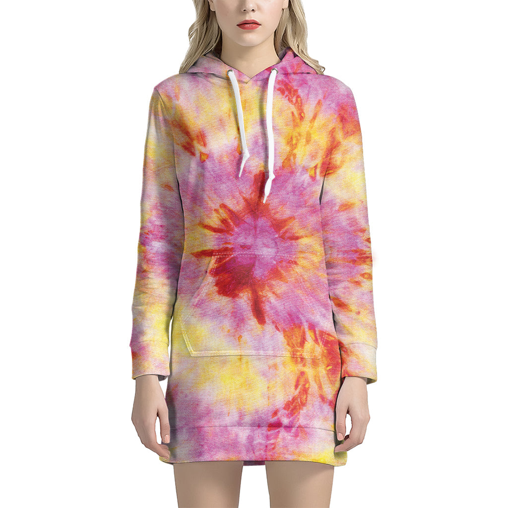 Pink And Yellow Tie Dye Print Pullover Hoodie Dress