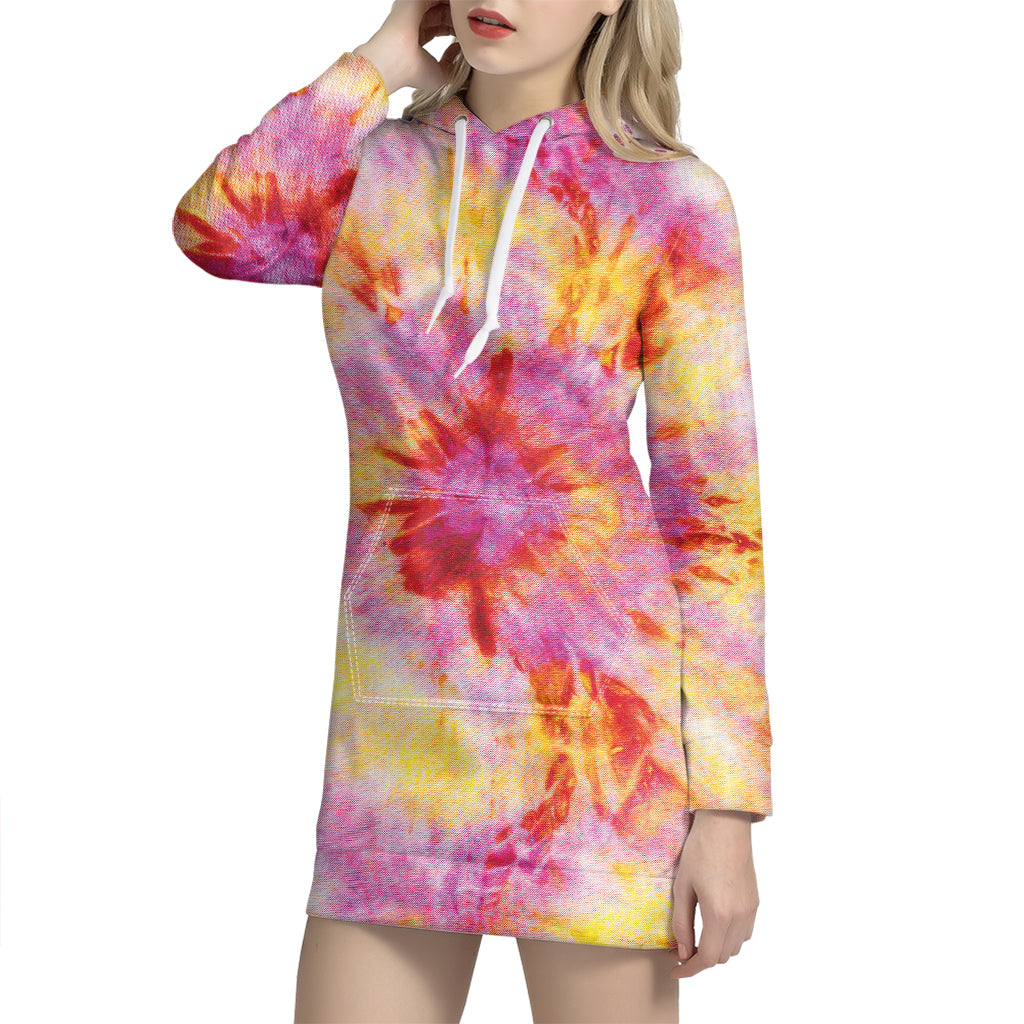 Pink And Yellow Tie Dye Print Pullover Hoodie Dress