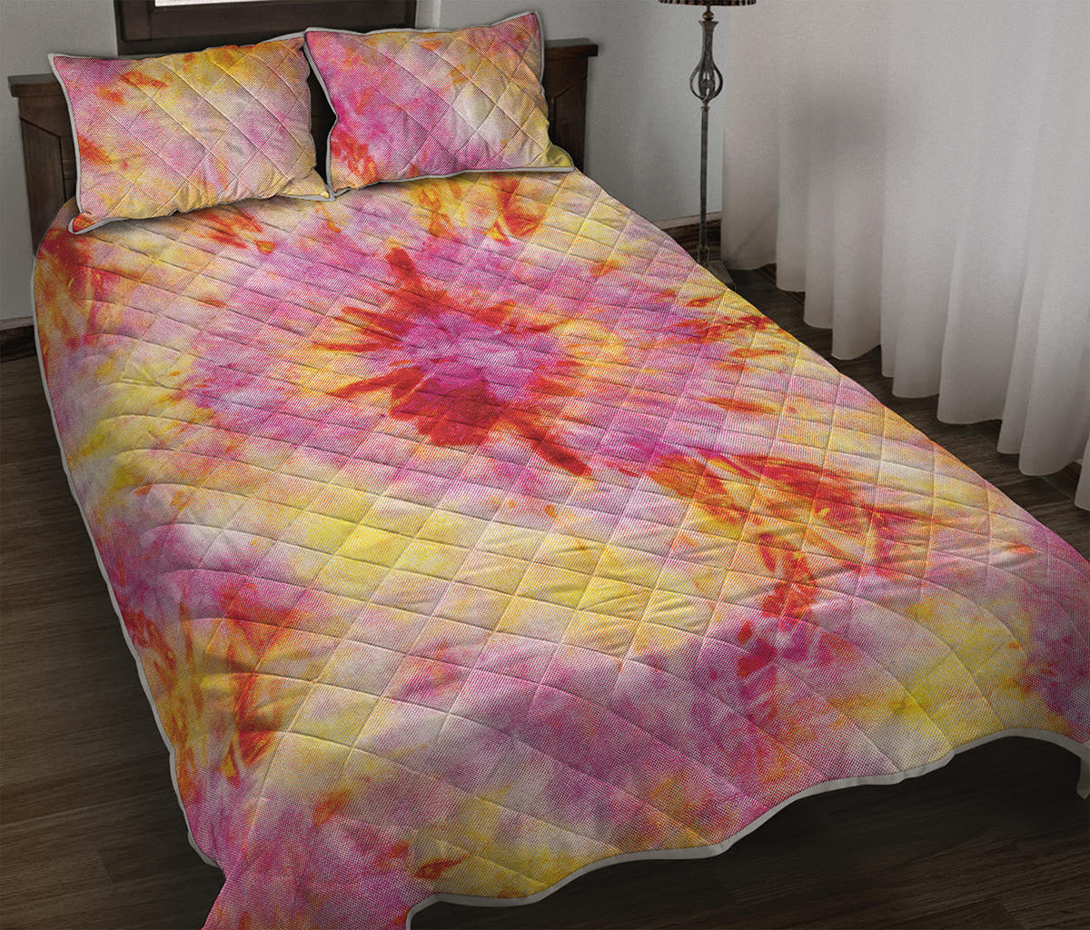 Pink And Yellow Tie Dye Print Quilt Bed Set