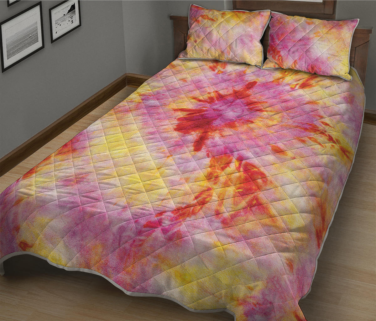 Pink And Yellow Tie Dye Print Quilt Bed Set
