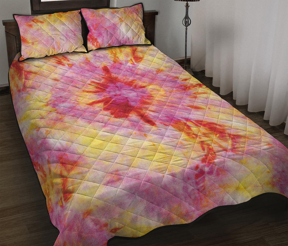 Pink And Yellow Tie Dye Print Quilt Bed Set