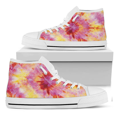 Pink And Yellow Tie Dye Print White High Top Shoes