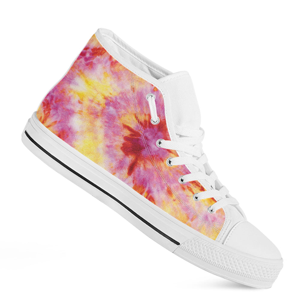 Pink And Yellow Tie Dye Print White High Top Shoes