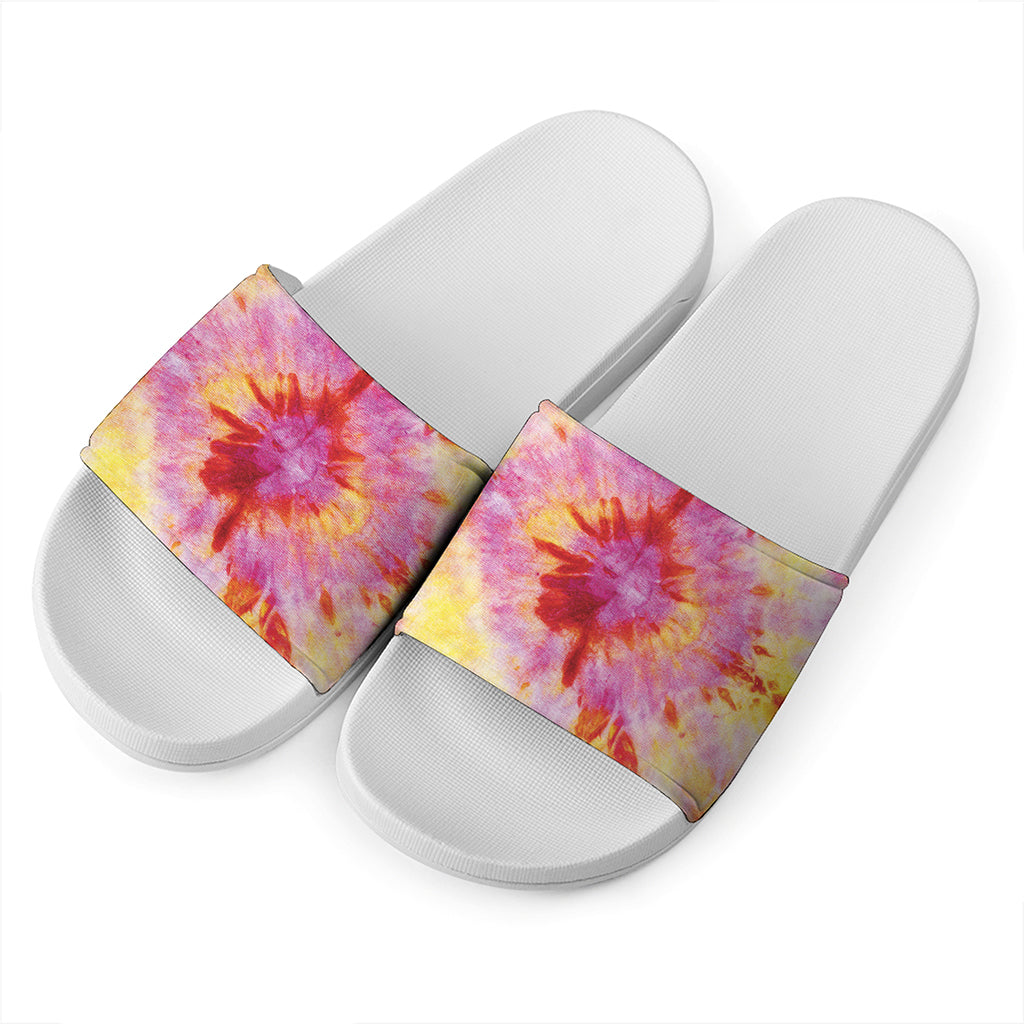 Pink And Yellow Tie Dye Print White Slide Sandals