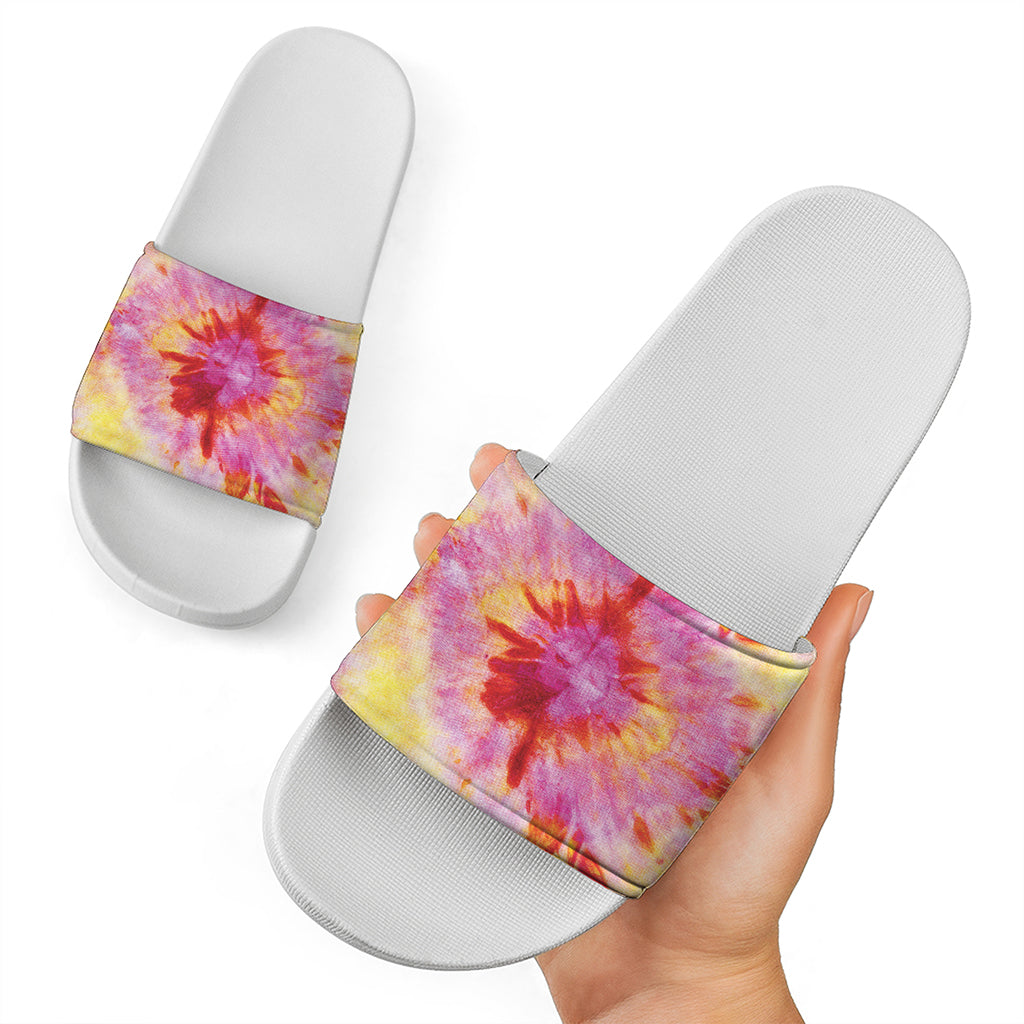 Pink And Yellow Tie Dye Print White Slide Sandals