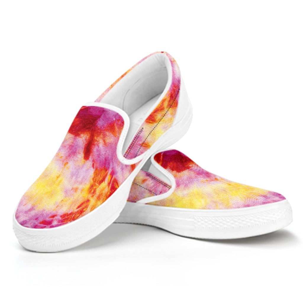 Pink And Yellow Tie Dye Print White Slip On Shoes