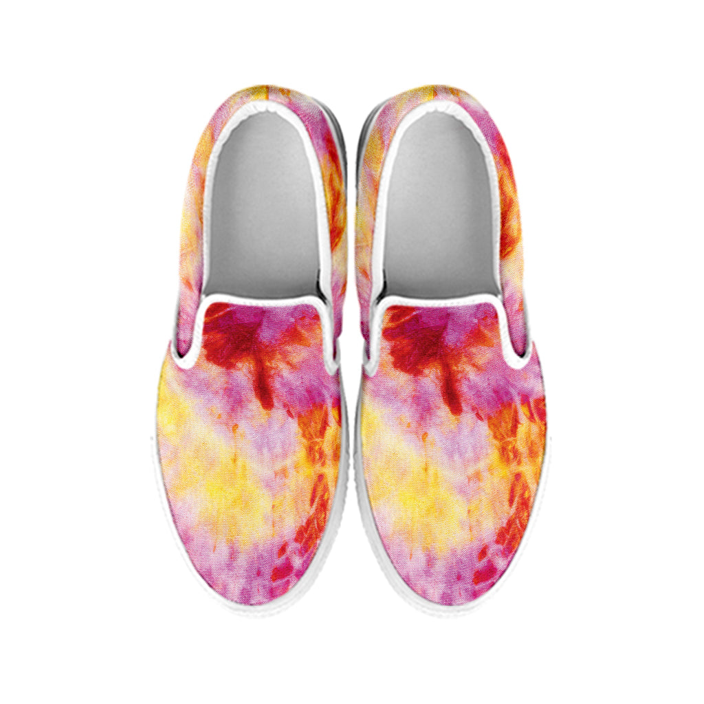 Pink And Yellow Tie Dye Print White Slip On Shoes